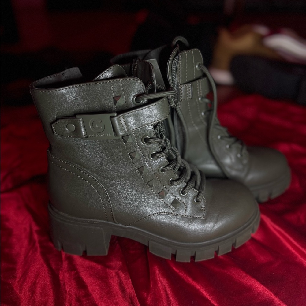 G by Guess Green Combat Moto Boots Rugged Design